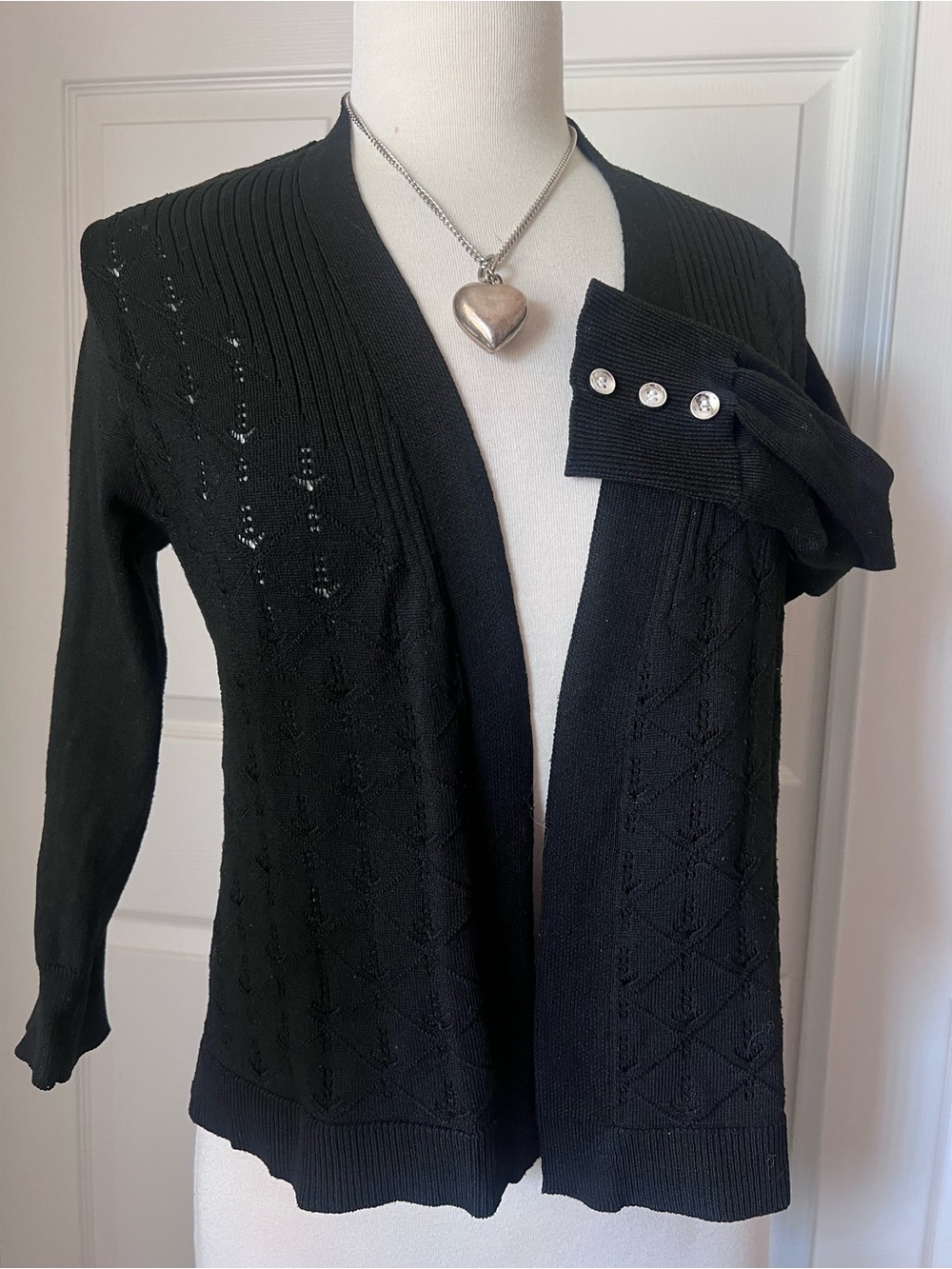 Elegant Black Open-Front Women's Sweater Cardigan with Button Cuff Detail